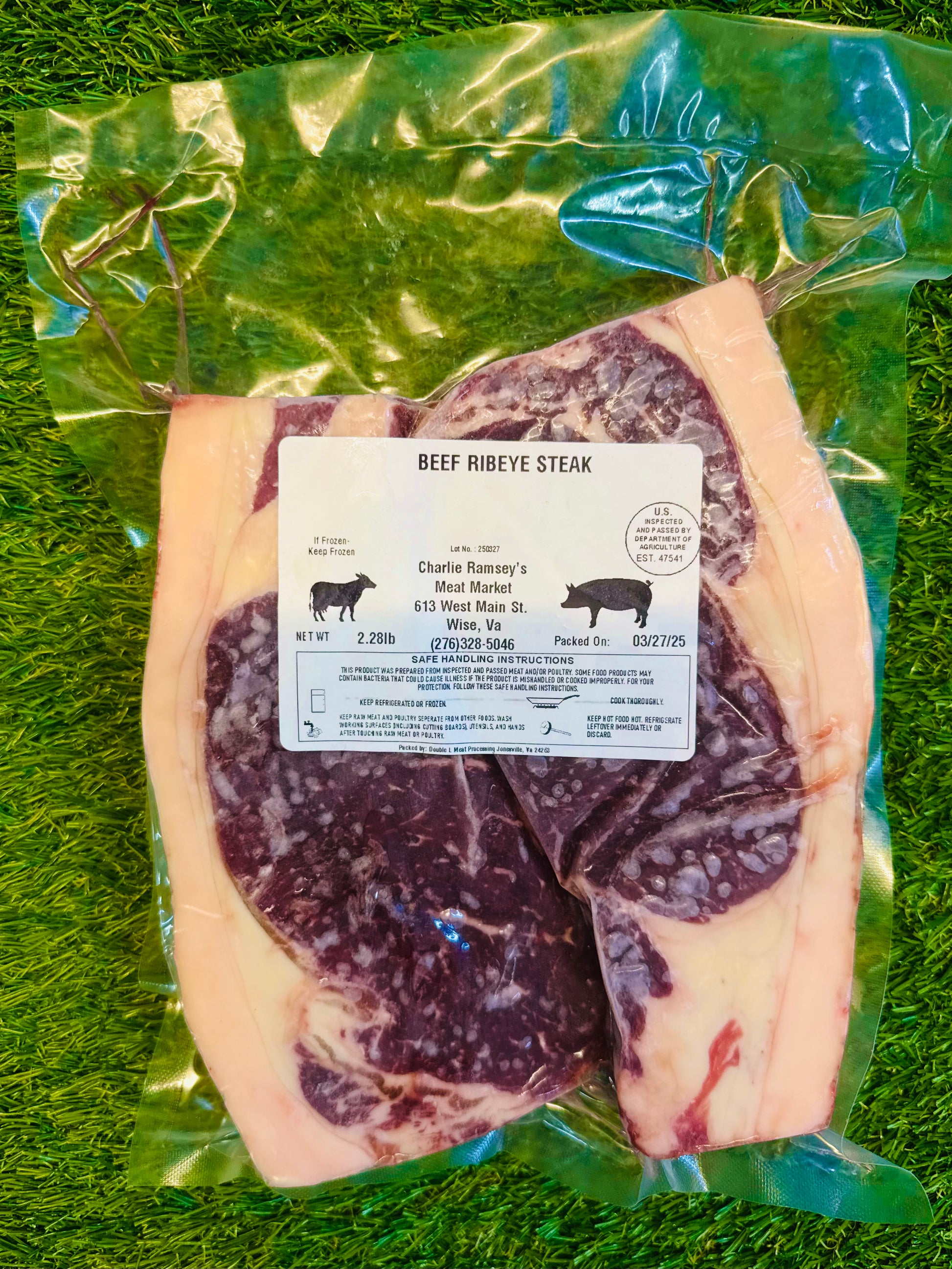 Beef Ribeye Steak from Ramsey’s Meat Market – vacuum-sealed, grass-fed, hormone-free, locally raised in Wise, VA.