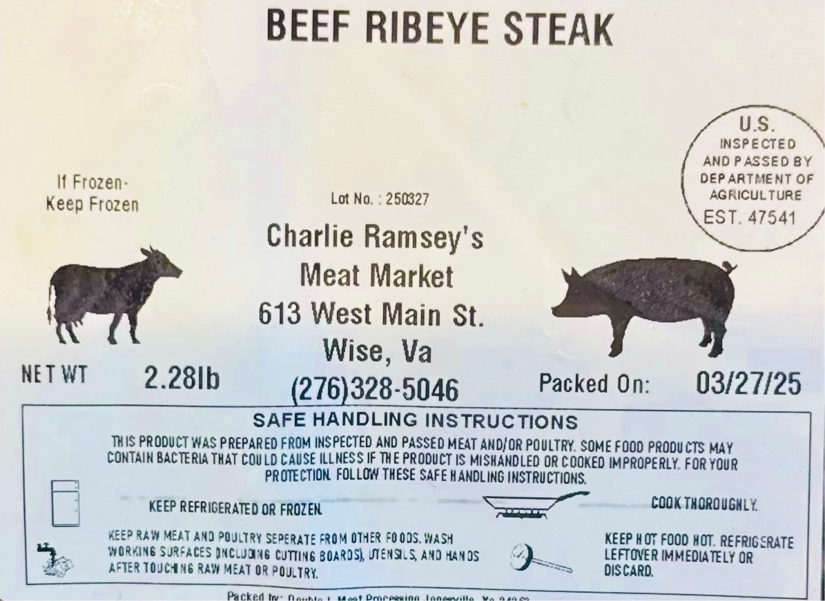 Close-up of USDA-inspected label on Beef Ribeye Steak from Ramsey’s Meat Market, showing weight and packaging date.