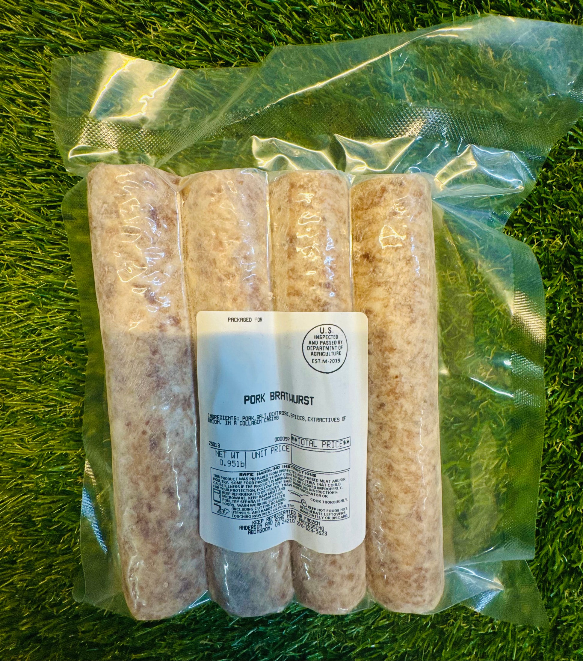 Pork Bratwurst from Ramsey’s Meat Market – vacuum-sealed, grass-fed, hormone-free, locally raised in Wise, VA.