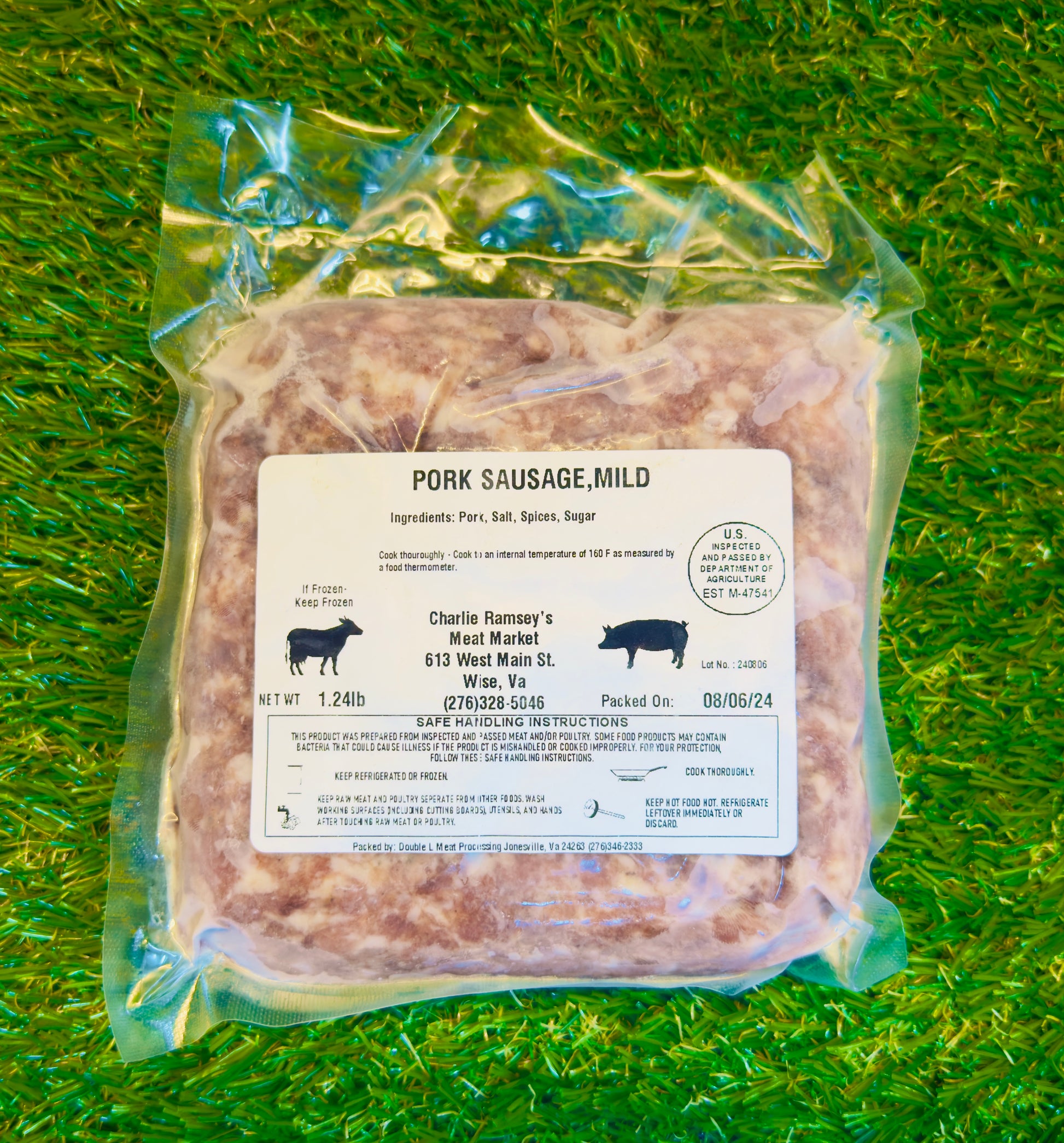 Pork Sausage Mild from Ramsey’s Meat Market – vacuum-sealed, grass-fed, hormone-free, locally raised in Wise, VA.