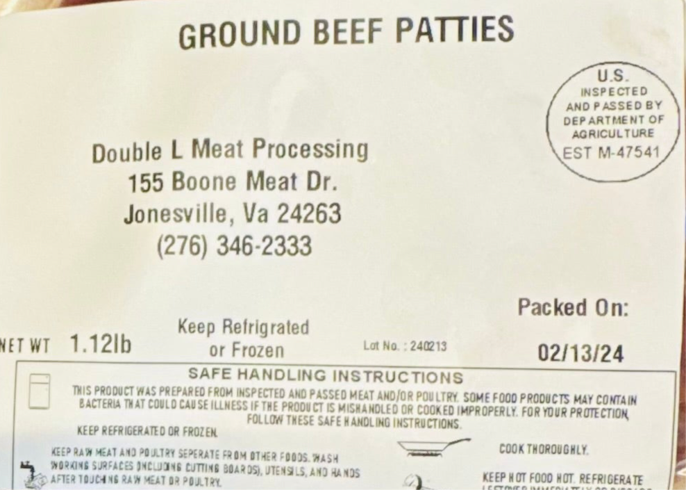 Close-up of USDA-inspected label on Ground Beef Patties from Ramsey’s Meat Market, showing weight and packaging date.