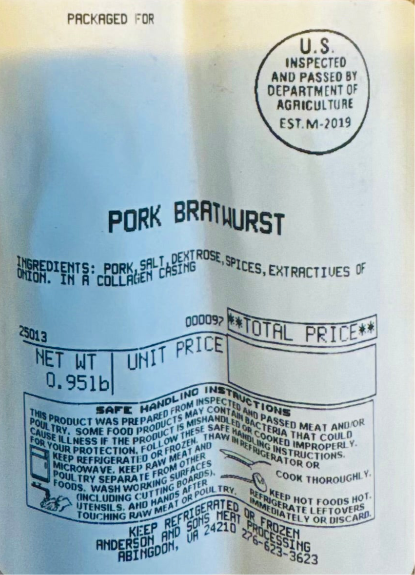 Close-up of USDA-inspected label on Pork Bratwurst from Ramsey’s Meat Market, showing weight and packaging date.