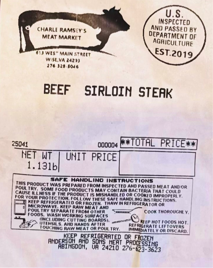 Close-up of USDA-inspected label on Beef Sirloin Steak from Ramsey’s Meat Market, showing weight and packaging date.