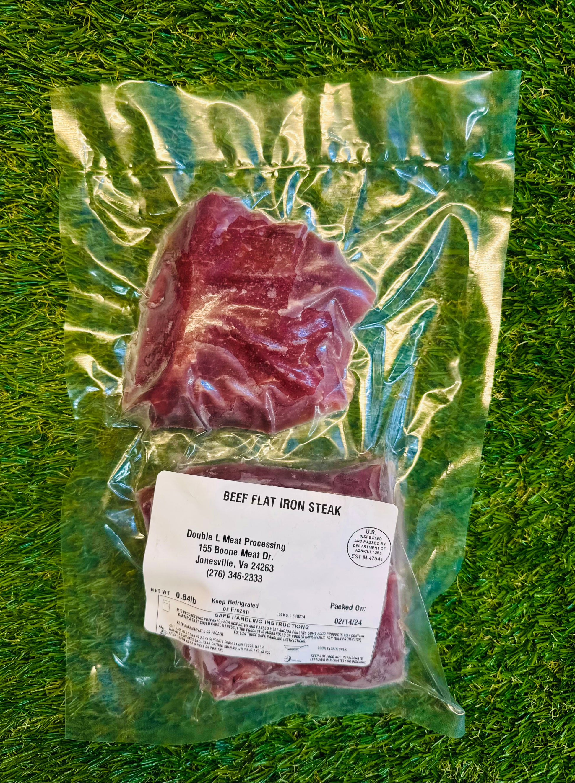 Beef Flat Iron Steak from Ramsey’s Meat Market – vacuum-sealed, grass-fed, hormone-free, locally raised in Wise, VA.