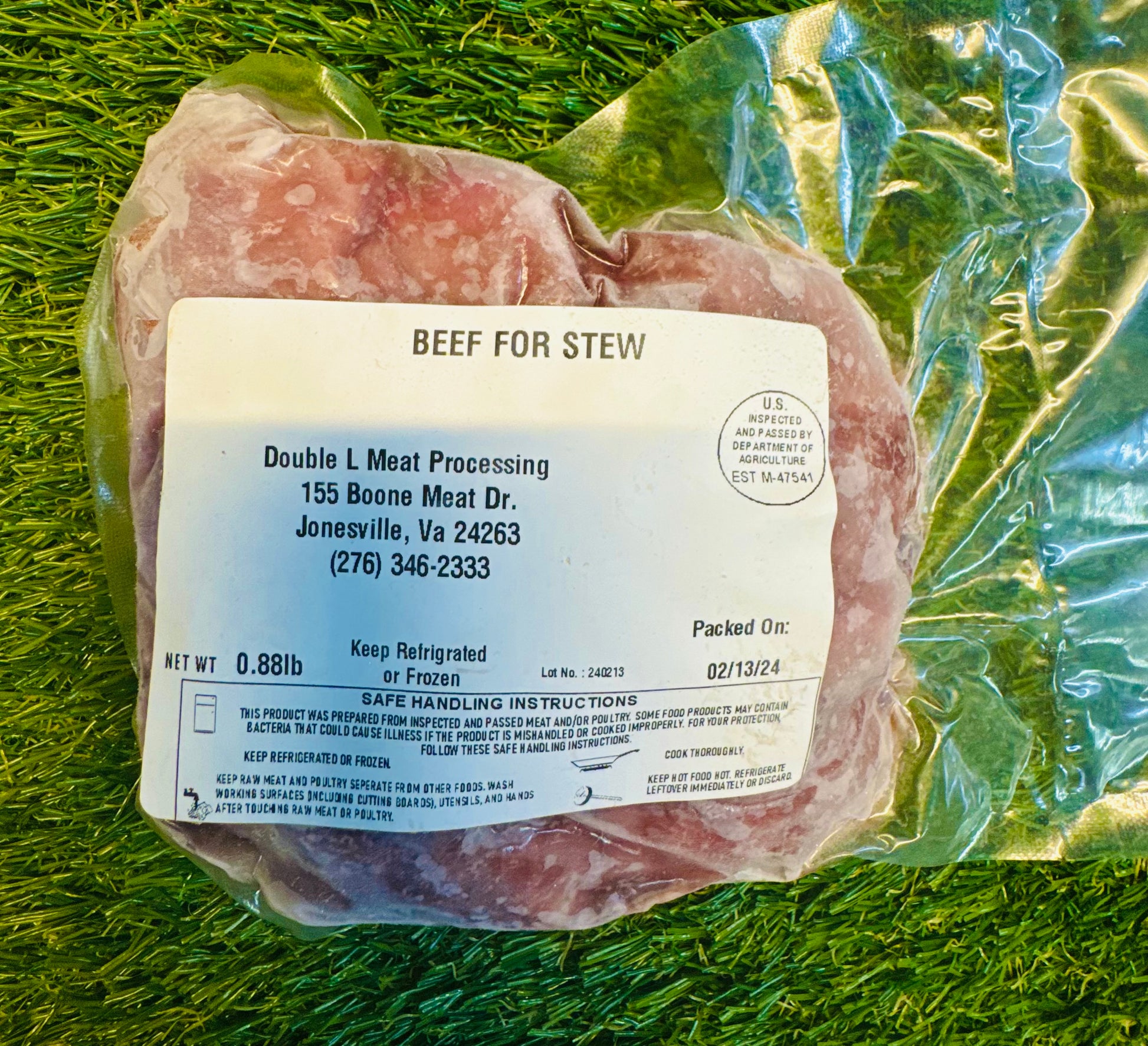 Beef For Stew from Ramsey’s Meat Market – vacuum-sealed, grass-fed, hormone-free, locally raised in Wise, VA.