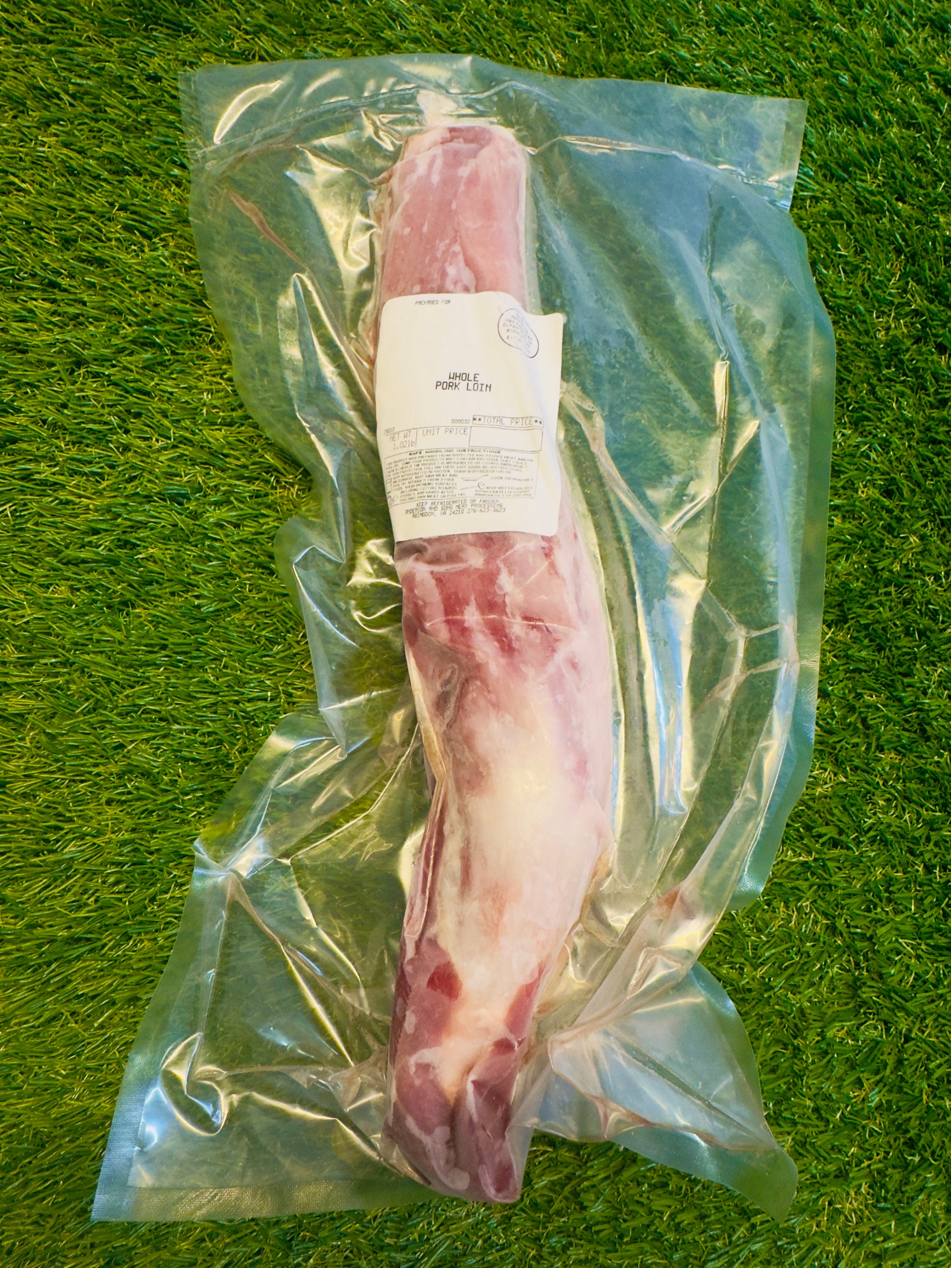 Whole Pork Loin from Ramsey’s Meat Market – vacuum-sealed, grass-fed, hormone-free, locally raised in Wise, VA.