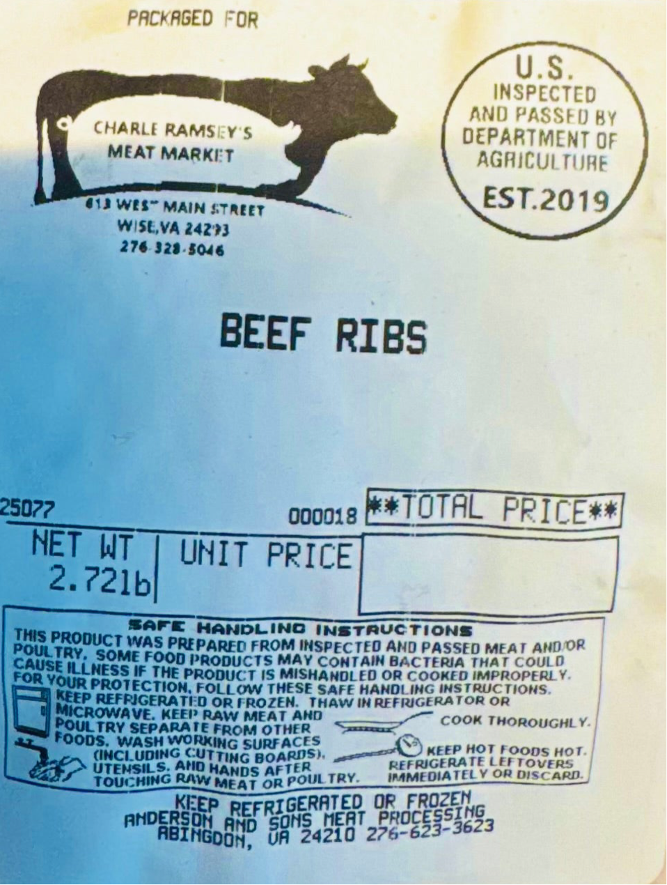 Close-up of USDA-inspected label on Beef Ribs from Ramsey’s Meat Market, showing weight and packaging date.
