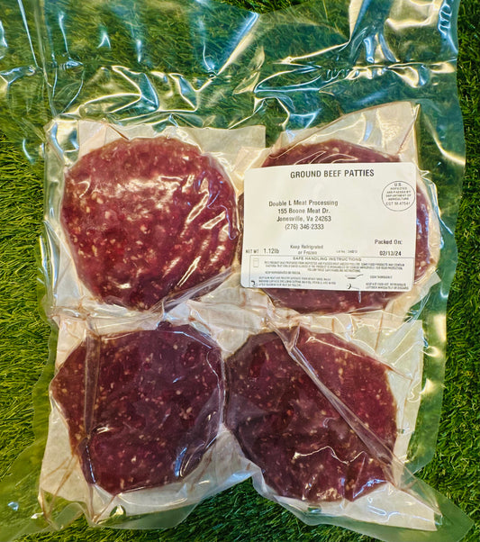Ground Beef Patties from Ramsey’s Meat Market – vacuum-sealed, grass-fed, hormone-free, locally raised in Wise, VA.