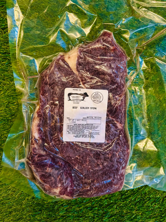 Vacuum-sealed package of Beef Sirloin Steak, locally raised, grass-fed, hormone-free meat from Ramsey's Meat Market in Wise, VA.